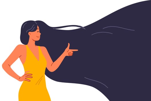 Woman with beautiful smooth hair recommends shampoo for getting perfect hairstyle and points finger to side. Girl is proud of hair health achieved thanks to high-quality shower and hygiene products