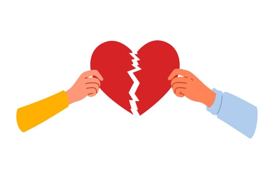 Broken heart symbolizing separation and destruction of relationships in hands of people who have become victims of family quarrel. Couple shows broken heart after divorce and problems in marriage