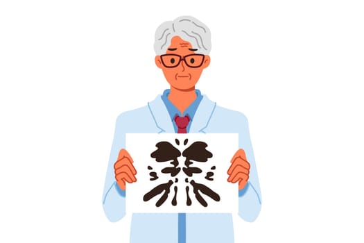 Psychotherapist uses rorschach test to check person mental health and identify mental problems. Gray-haired business man with rorschach test to check adequacy of candidate for vacant position