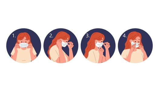 Instructions for wearing medical mask, with step-by-step plan to avoid infection with flu that can cause death. Woman puts on medical mask to prevent spread of pandemic virus among people.