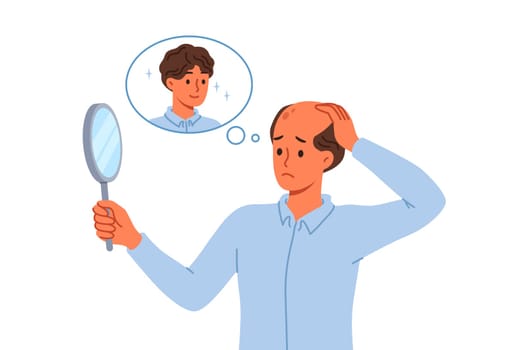 Problem of baldness in man looking in mirror and remembering presence of beautiful hair. Guy suffers from baldness due to poor genetics or insufficient intake of vitamins for body.