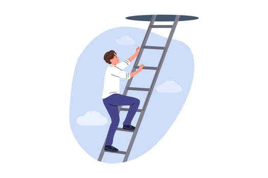 Man climbs career ladder, using ambition to achieve new successes and professional growth. Guy with motivation for career growth, accepts challenge and boldly strives to take top position