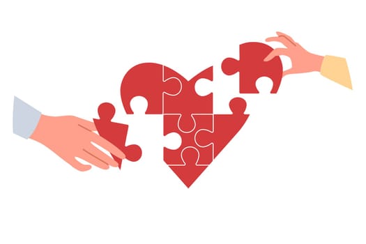 Heart symbolizing charity and mercy consists of puzzles carefully assembled by hands of people. Importance of charity and donor activity for collecting donations for social needs and helping sick