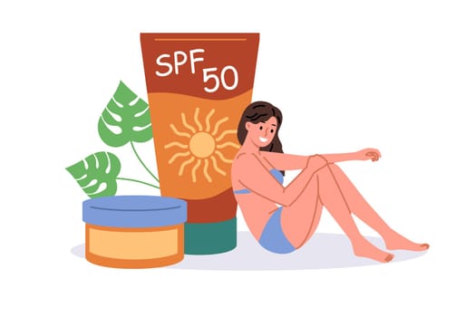 Woman uses SPF cream to prevent effects of ultraviolet radiation on skin, dressed in bikini to visit beach. SPF 50 gel for protection from direct sunlight and excessive tanning that worsens health