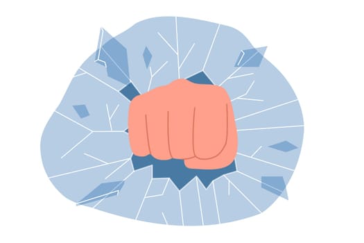 Fist breaks glass into small pieces, symbolizing strength and aggression that evokes desire to destroy. Glass from window or mirror cracks due to blow from hand of person using violence