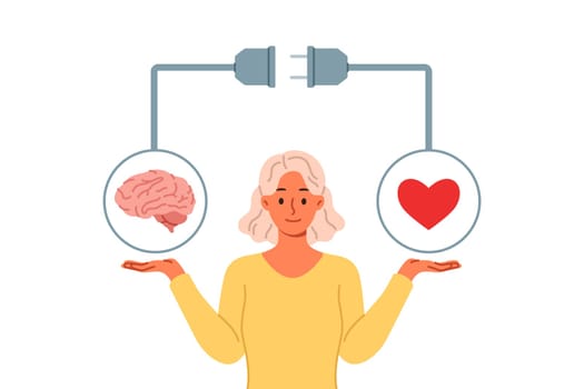 Woman tries to achieve balance between feelings and intellect by holding symbols of heart and brain in hands. Positive girl maintains life balance or harmony to avoid personality destruction