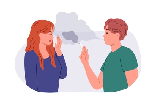 Woman becomes passive smoker by inhaling smoke from cigarette, standing near man smoking in public place. Problem of tobacco and nicotine addiction in smoker guy causes discomfort among strangers
