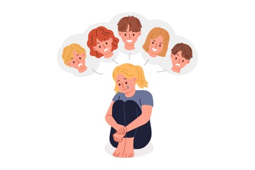 Bullying and shaming from classmates causes depression in little girl from elementary school, needs protection of adults. Child suffers from bad friends use shaming to assert themselves