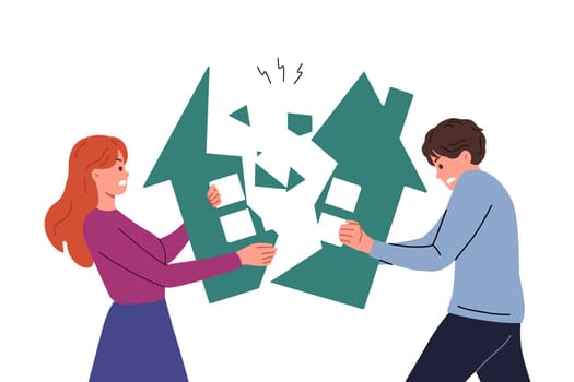 Ex-spouses divide property during divorce, breaking house in half and destroying jointly acquired capital. Difficult divorce for married couple, due to betrayal of one of partners or instability