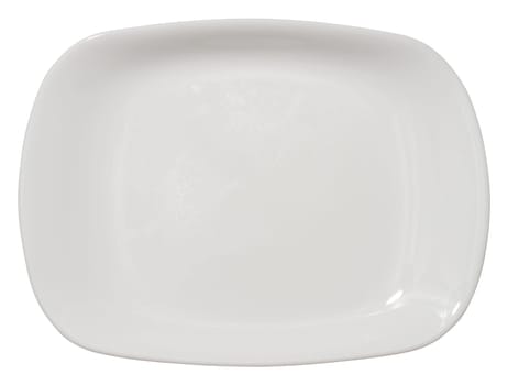 Empty white oval ceramic plate on isolated background, top view