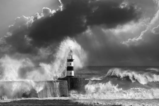 Waves crashing over Seaham Lighthouse on the northeast coast of England.