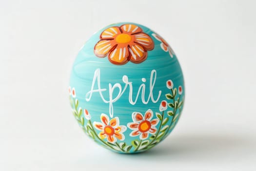 A beautifully crafted Easter egg in vibrant pastel colors, adorned with flowers and the word April, symbolizing the arrival of spring festivities.