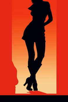 A silhouette of a fashionable figure stands confidently against a vibrant warm gradient of orange and red hues.