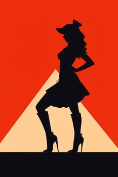 A woman stands confidently in high heels against a striking red background, showcasing her stylish outfit and confident pose.