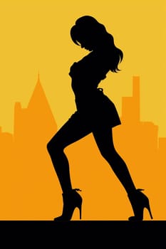 A striking silhouette of a woman wearing high heels poses confidently against a vibrant orange city skyline at dusk.