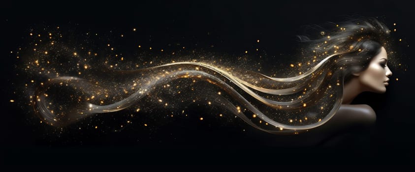A woman with long hair stands still, surrounded by sparkling golden particles, creating an ethereal and magical atmosphere.