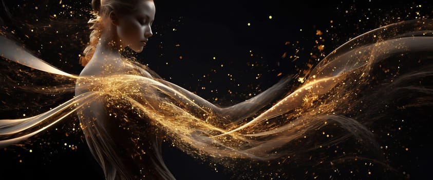 A woman gently sways with golden light swirling around her, creating an enchanting and ethereal atmosphere in a dark setting.