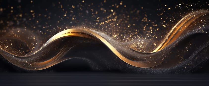 Flowing golden waves create a mesmerizing display with shimmering sparkles, evoking elegance and sophistication in a dark backdrop.