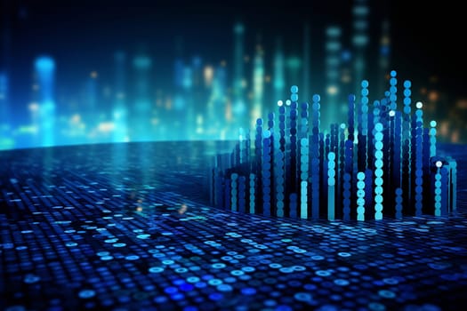 Colorful bars rise from a digital landscape, showcasing data analysis with a futuristic urban backdrop in a blue color scheme.
