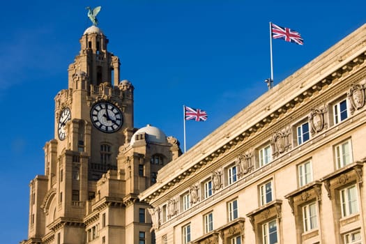 The Liver Building on the city of Liverpool in the northwest of England