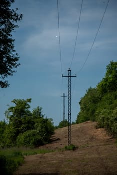 Power line pole, Electrical Pylon, wires, blue sky, clouds