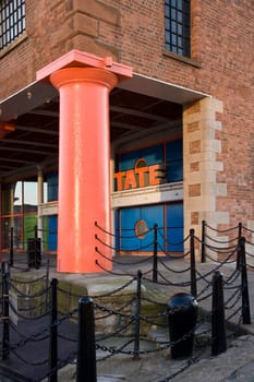 The Tate Art Galley in the Albert Dock in the city of Liverpool on Merseyside in the northwest of England.