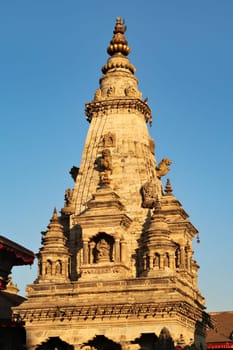The elaborate roof, upper facade of the Nritya, Nrtya Vatsala, Vatsala Durga, Devi Temple in the Durbar Square of Bhaktapur, Nepal 2022