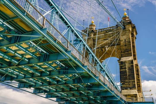 Section of historic Roebling Suspension Bridge over the Ohio River in Cincinnati downtown