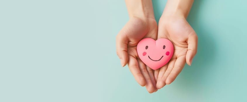 Holding a heart with a happy smiling face, mental health concept, positive thinking mind and attitude, support and self esteem, love and emotion