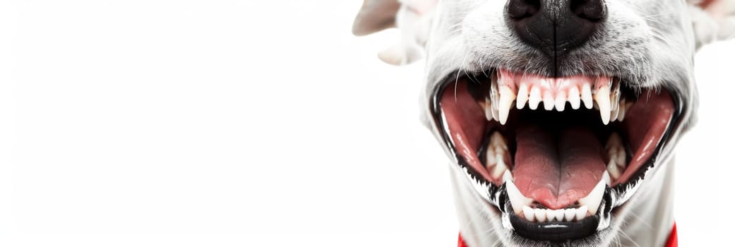Aggressive dog is showing his teeth on white background