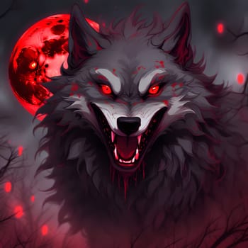 Bloodthirsty wolves howl at the red blood moon and spread terror