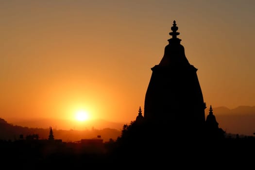 The silhouette, contour of the Shilu, Silu Mahadeva, Mahadev Temple at sunset, Durbar Square, Bhaktapur, Nepal 2022