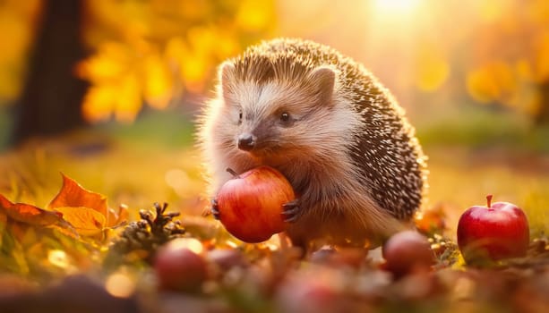 Cute hedgehog holding an apple picking up autumn harvest among colorful leaves. Fall season conceptual background