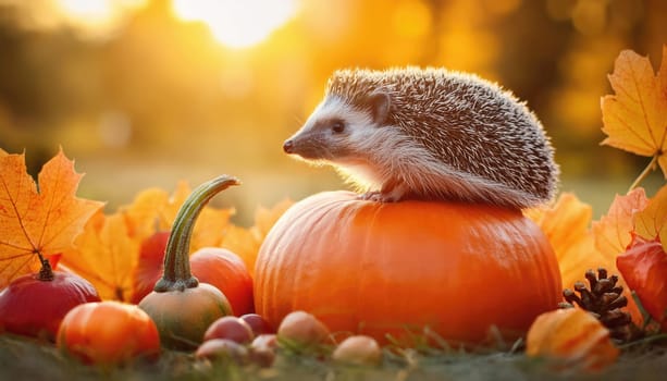 Cute hedgehog sitting on a pumpkin among autumn harvest and colorful leaves. Fall season conceptual background