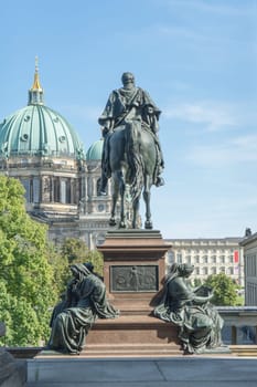 Rear view of the equestrian statue of Friedrich Wilhelm IV in the Berlin Cathedral in front of the Alte Nationalgalerie in Berlin