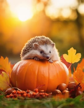 Closeup cute hedgehog lying on a pumpkin among colorful autumn leaves, nuts and berries. Fall season conceptual  background