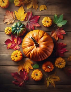 Different color pumpkins and autumn leaves on an old wooden table. Fall season background, halloween and thanksgiving holiday concept