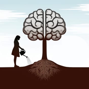 Brain tree in a desolate land and a woman silhouette watering the roots using a sprinkling can. Mental health conceptual