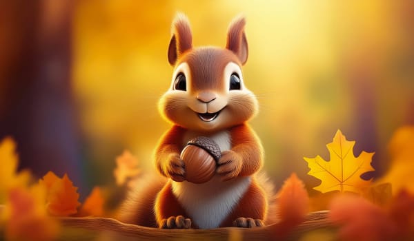Cute and funny squirrel character standing on a tree branch holding an oak acorn. Autumn seasonal background