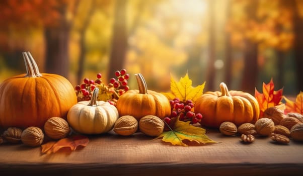 Pumpkins, nuts, colorful berries and leaves on an old wooden table. Autumn seasonal background, halloween and thanksgiving holiday concept
