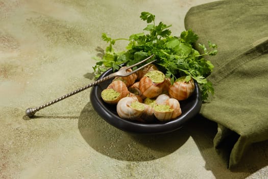 Bourgogne Escargot Snails with butter, parsley and spice on green background