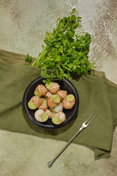 Overhead composition of edible snails baked in sauce and filled with herbal spicy butter on a plate