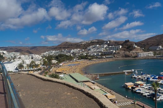 CRAN CANARIA, PUERTO RICO - NOVEMBER 16, 2019: Marina in Puerto Rico de Gran Canaria. Postcard, spain.