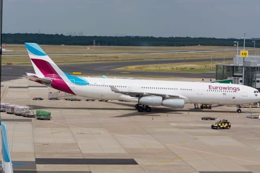DUESSELDORF, NRW, GERMANY - JUNE 18, 2019: Eurowing plane takes off from Dusseldorf International Airport