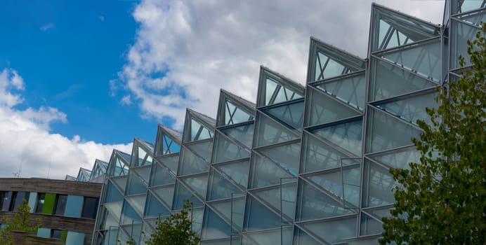 DESSAU - AUGUST 05, 2018:  Environment, glass facade and entrance area of the Federal Environmental Agency in Dessau