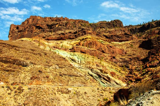 Gran Canaria, Spain, Canary Islands, Los Azulejos. The spectacular colorful volcano veins of rock were formed millions of years ago during the formation of the island.
