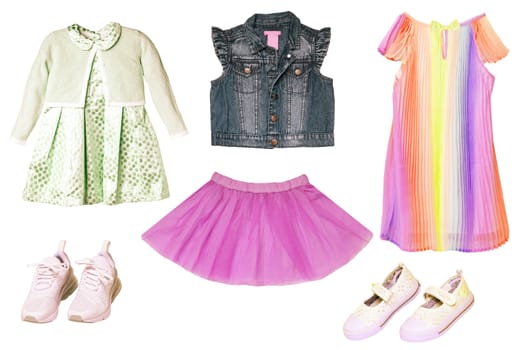 Collage set of little girl summer clothes isolated on white. Kids apparel collection. Childs fashion clothing outfit. Skirt, shorts, shirt, dresses, jeans, vest, sweater, shoes.