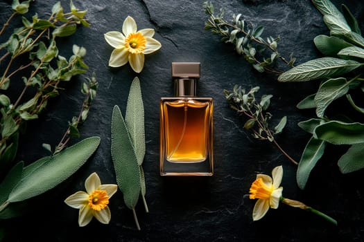 A bottle of perfume surrounded by flowers and plants on a black stone background. Top view. AI generated
