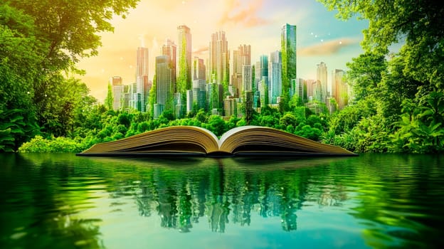 Abstract image of an open book with a green city landscape. AI generated