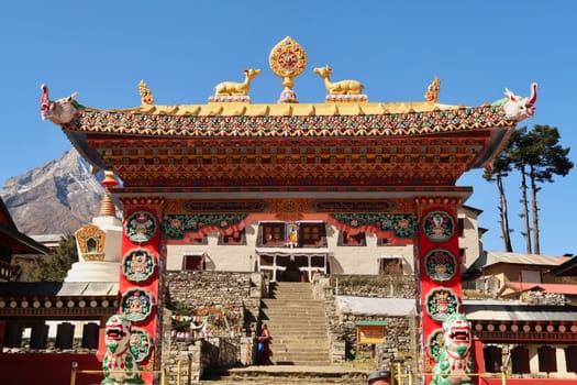 The colorful entrance gate to the tibetan buddhist monastery of Tengboche, Tangboche village, Mount Everest Base Camp Trek, EBC, Nepal 2022